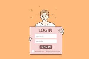 Signing in personal page concept. Young smiling boy cartoon character standing holding huge sign with username and password for login vector illustration