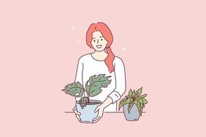 Gardening and house plants concept. Young smiling girl cartoon character standing holding green plants blooming in pots vector illustration