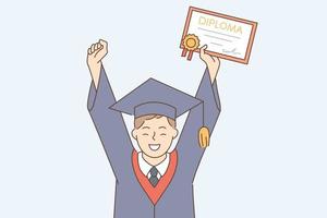 Graduation from school or college concept. Smiling happy graduate boy holding diploma celebrating success with honors vector illustration