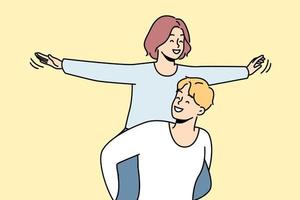 Happy young woman piggyback smiling man have fun together. Loving guy carrying on shoulders excited girl. Love and relationships. Vector illustration.