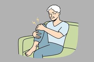 Unhealthy old man sit on couch suffer from knee pain. Unwell sick elderly grandfather struggle with rheumatism. Vector illustration.