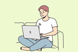 Smiling guy sit on couch working on laptop using wireless network. Happy young man relax on sofa browse internet on computer. Vector illustration.