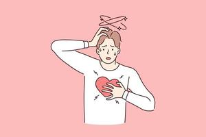 Having heart attack and panic concept. Young stressed frustrated man standing touching heart having attack sweating feeling bad vector illustration