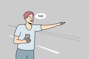 Smiling young man with cellphone in hands catch taxi with hand gesture on road. Happy guy with smartphone get cab outdoors. Vector illustration.