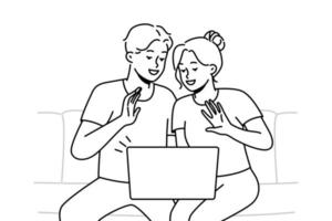 Smiling couple sit on sofa wave talk on video call on computer. Happy man and women have fun enjoy webcam conversation on laptop. Vector illustration.
