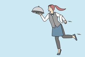 Smiling waitress in uniform bringing dish to client in restaurant. Happy female server with meal working in cafe. Good service concept. Vector illustration.