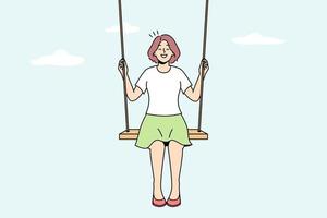 Smiling young woman sit on swing in clouds dreaming. Happy girl swaying on tilt in sky. Dreamer and visualization. Vector illustration.