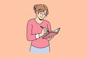 Making notes and writing diary concept. Young smiling woman cartoon character standing making notes in her diary vector illustration