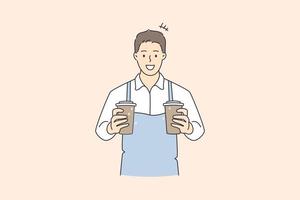 Working as barista in cafeteria concept. Young smiling man barista cartoon character wearing apron standing holding cups with coffee drink vector illustration