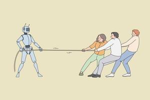 Human workers pulling the rope against robotic worker. Vector concept illustration of fighting between artificial intelligence technology and business people.