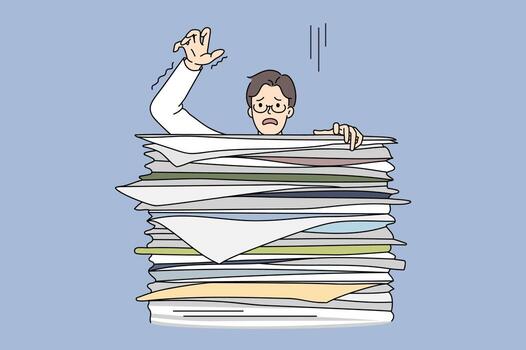 Learning boy behind huge stack of exam books. Vector concept illustration of exhausted student preparing for exams and falling of books pile.