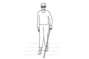 Blind man with stick walking on crosswalk. Disabled male in dark sunglasses crossing road. Disability and healthcare. Vector illustration.