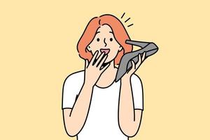 Smiling young woman talk on heel hear shocked unbelievable news. Happy girl speak on hoe as on phone surprised with unexpected message. Vector illustration.