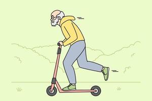 Happy energetic elderly man riding on scooter outdoors. Smiling active old grandparent have fun driving on motorscooter. Maturity. Vector illustration.