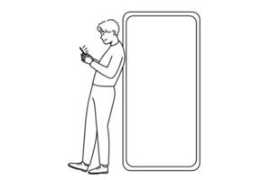 joven parado cerca de un enorme teléfono inteligente con pantalla de maqueta. el tipo posa cerca del teléfono celular con una pantalla vacía de espacio de copia en blanco. ilustración vectorial vector