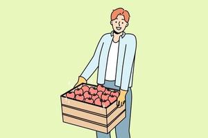 Smiling man with wooden box of apples. Happy guy farmer carry package with fruits. Farming and gardening. Vector illustration.