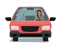 mujer joven feliz conduciendo un diseño de ilustración de dibujos animados de vista frontal de automóvil vector