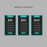 Price list widget with 3 payment plans for online services website template.modern and professional pricing table, pricing list table, table format vector.eps vector