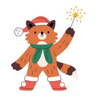 Cute smiling cat wearing Santa red hat with a sparkler vector