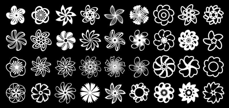 White flower icons on a black background, line art decorative design elements, floral illustrations collection.