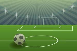 Soccer ball on a stadium in front of gates. Perspective illustration, 3D rendering football field with ball, gate and spotlights. vector