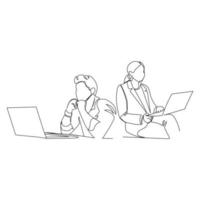 Vector illustration of people working on a laptop drawn in line-art style