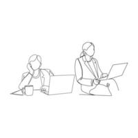 Vector illustration of people working on a laptop drawn in line-art style