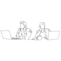 Vector illustration of people working on a laptop drawn in line-art style