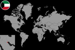 pin mapa con bandera de kuwait en el mapa mundial. ilustración vectorial vector