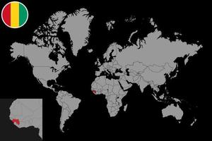 pin mapa con bandera de guinea en el mapa mundial. ilustración vectorial vector