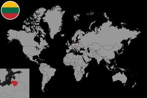 Pin map with Lithuania flag on world map. Vector illustration.