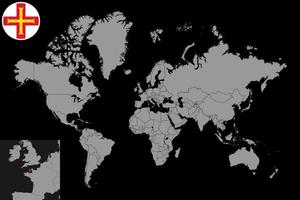 pin mapa con la bandera de guernsey en el mapa mundial. ilustración vectorial vector