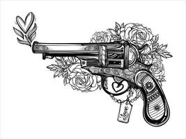 guns and rose flowers drawn in tattoo style vector