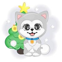 lindo perro malamute de alaska con un árbol de navidad, navidad o año nuevo ilustración vectorial vector