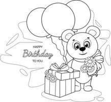 Coloring page. A cute bear, balloons, flowers and a gift box vector