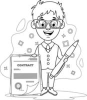 Coloring page. Cheerful guy businessman with a contract and a pen vector