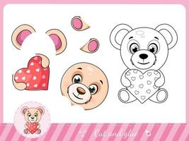 Cut and glue a little cartoon bear with heart vector