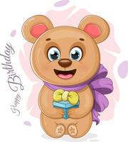 Birthday postcard with a cute bear and a gift box vector