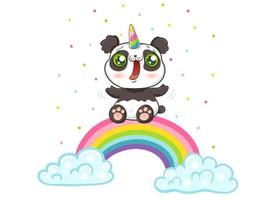 panda con cuerno de unicornio en el arco iris vector