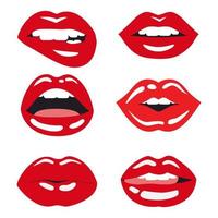 Beautiful glamour mouth set. Sexy lips painted with red bright lipstick. Vector stock illustration.