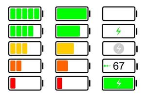 conjunto de indicadores de carga de la batería. nivel de batería del teléfono, tableta, reloj. icono de batería vector