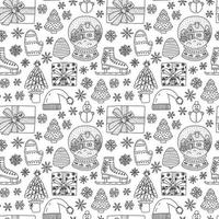 Christmas elements doodle seamless pattern. Hand drawn Christmas tree, snowball, ice ckating, snowflakes and gift box pattern vector