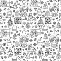 Christmas elements doodle seamless pattern. Hand drawn Christmas tree, snowball, ice ckating, snowflakes and gift box pattern vector