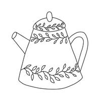 Doodle teapot with botanical decor vector illustration. Hand drawn teapot isolated