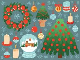 Vector set of Christmas stickers. Christmas tree, wreath, snow ball, candles and snowflakes