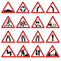 Warning triangle road signs. Speed bump, roundabout, dangerous curve, crosswalk, children, slippery road, gravel spill, drawbridge, roadworks. vector