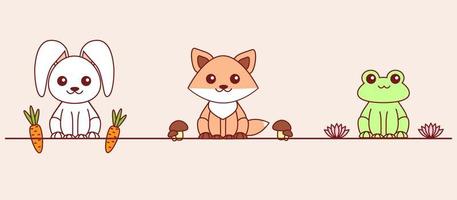 Cute cartoon sitting bunny, fox and frog. Cartoon animals set. Vector stock illustration.