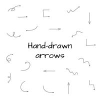 Hand drawn arrows set. Collection of vector doodle arrows in different shapes and directions.