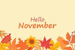 hola cartel de otoño con follaje. Hola noviembre. fondo de otoño con hojas para letras. vector