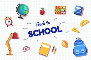 Back to school background with school stuff. Back to school banner flyer template. Vector sheet of paper school background.